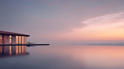 Obraz premium Sunset Serenity: Lakeside Modern Home.