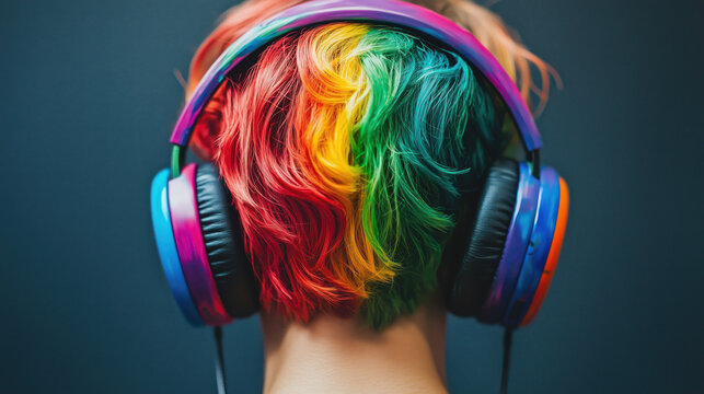 Person Wearing Vibrant Rainbow Headphones, Symbolizing Individuality and Joyful Self-Expression