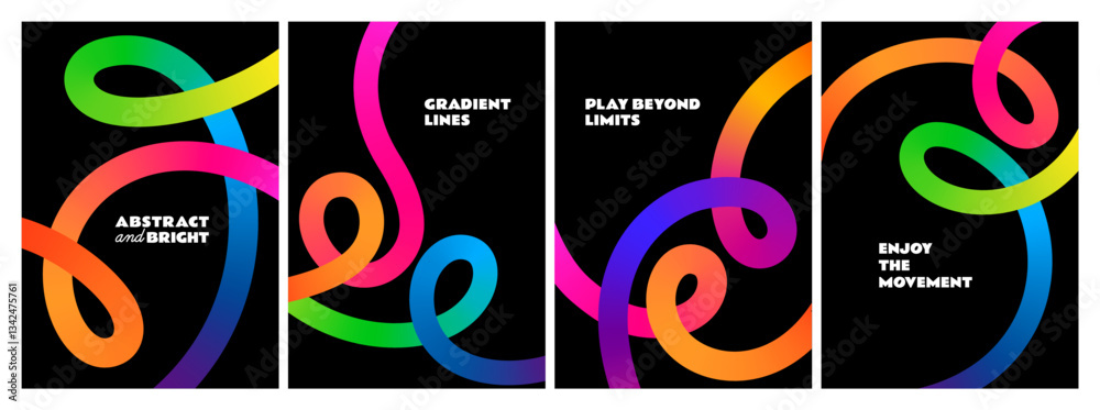 Poster Backgrounds with Abstract Color Lines. Wave Color Shapes Pattern. Rainbow Colored Fluid Graphic Elements. Posters with 3D Wavy and Spiral Ribbons
