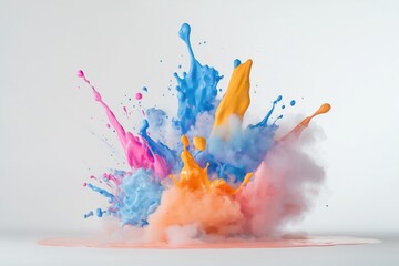Fototapeta premium Explosão vibrante de tinta colorida com tons de azul, rosa, laranja e amarelo, capturada em movimento dinâmico, criada com IA generativa para um efeito visual impressionante