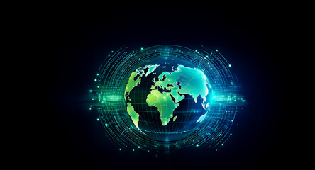 Obraz premium A glowing digital globe is centrally positioned against a dark background, surrounded by circular lines. Green and blue light emanates from the planet suggesting connectivity and technological networ