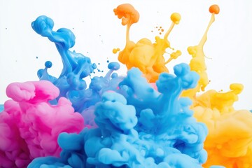 Explosão vibrante de tinta colorida com tons de azul, rosa, laranja e amarelo, capturada em movimento dinâmico, criada com IA generativa para um efeito visual impressionante