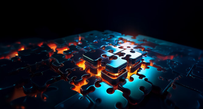 Glowing puzzle with illuminated edges on a dark surface.  Some pieces are disconnected, creating a sense of mystery and incompleteness.
