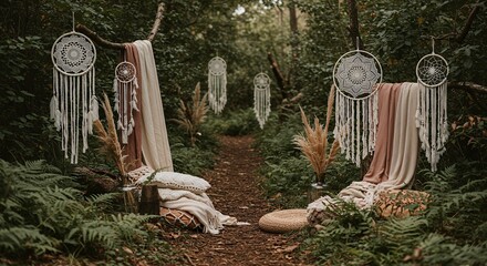 Dreamcatchers Hanging in Forest Clearing with Pillows and Blankets