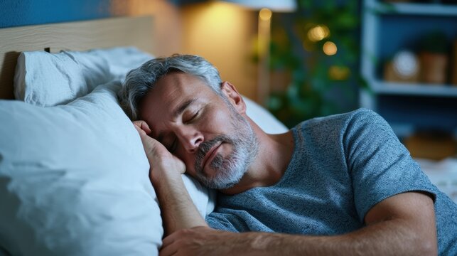 Man sleeping peacefully in bed, bedroom interior, resting, relaxation, stress-free, comfortable sleep