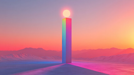 A minimalistic surreal illustration of a tall pillar topped with an orb that refracts the full Pride spectrum across the scene