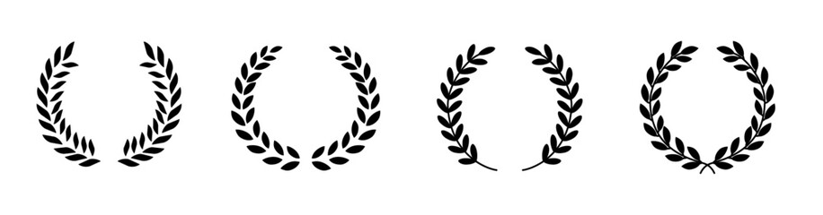 lack silhouette circular laurel foliate, wheat and oak wreaths depicting an award, achievement, heraldry logo design. Greek and Roman olive branch award, winner.
