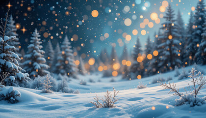 Festive abstract magic winter landscape with snow and golden bokeh lights Banner, Panorama, New Year, Anniversary
