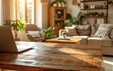Beautiful interior of a modern living room with a wooden table and laptop on it, a blurred background of a cozy sofa in a boho style and an armchair, with natural light from the window