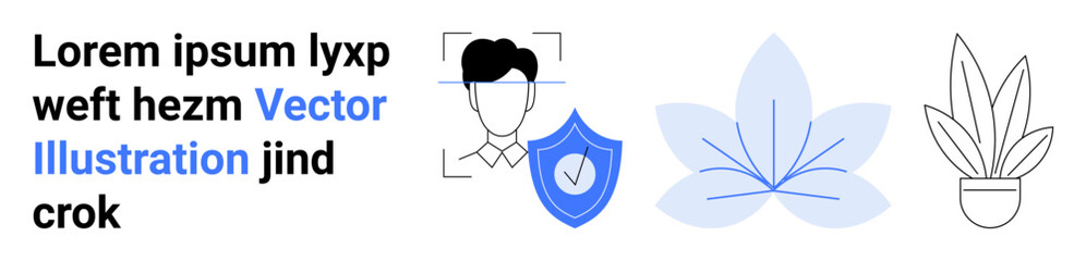 Person face with facial recognition frame, shield symbol for privacy, abstract leaf, and potted plant. Ideal for technology, privacy, biometrics, sustainability, health identity eco-tech flat