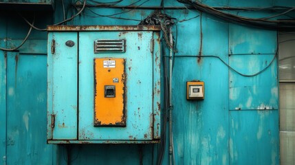 Vintage Electrical Box with Turquoise Wall and Rusty Pipes