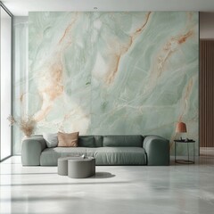 Modern living room with green marble accent wall and minimalist sofa design