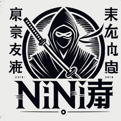 EPS10形式のベクターグラフィックで描かれた黒いスタイルの忍者のシルエットエンブレムまたはロゴで、ミニマリストで神秘的な東洋のアクセントを持つブランディングやデザインに最適です