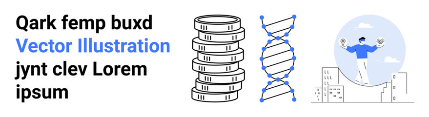Column of coins, DNA strand, person standing on buildings representing science, finance, health, risk, innovation, balance and progress. Ideal for biotechnology entrepreneurship simple landing
