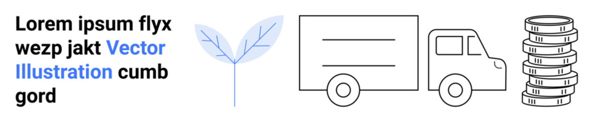 Minimal design featuring eco-friendly leaf, delivery truck, and stacked coins symbolizing sustainability. Ideal for green logistics, environmental awareness, economy, sustainable trade, business