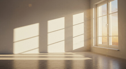 Interior room flooded with sunlight creating shadows on walls