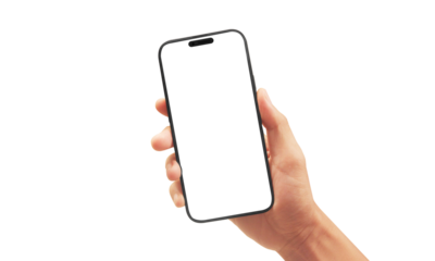 Hand holding a blank smartphone digital space mobile technology minimalist design close-up view creative concept for innovation