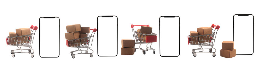 Shopping cart action with packages urban setting digital commerce concept e-commerce environment perspective illustration