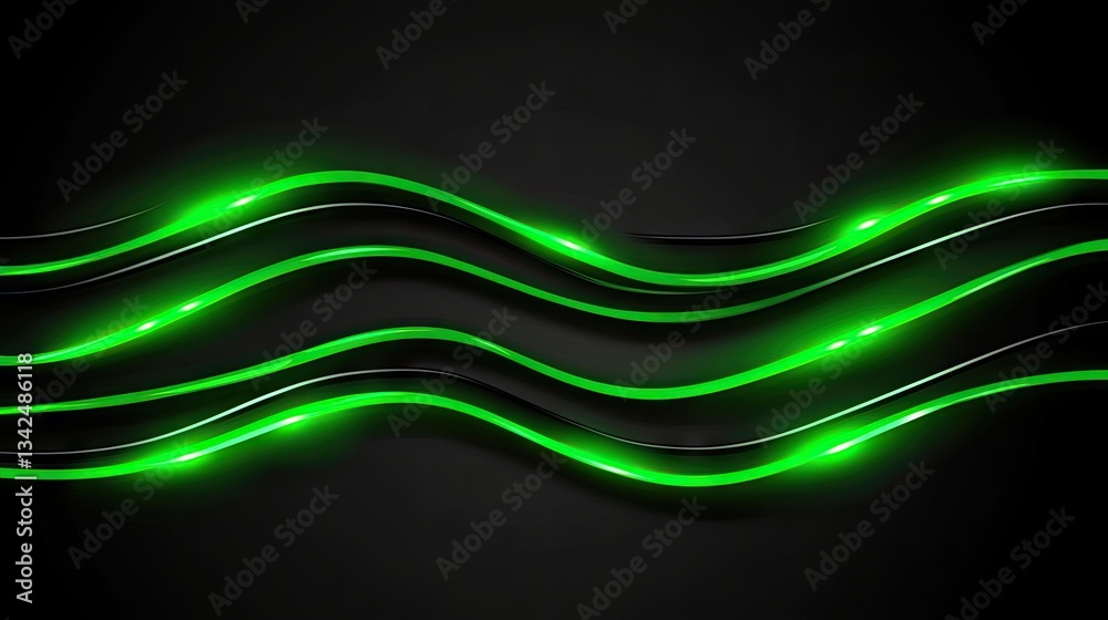 Poster abstract glowing green wavy lines on dark background