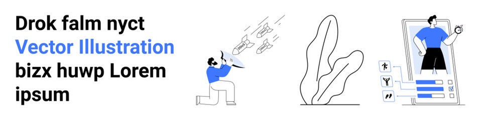 Man sketching flying drones, minimalist abstract plant, and fitness progress tracking on a digital app. Ideal for technology, creativity, futuristic design, wellness, innovation, productivity simple