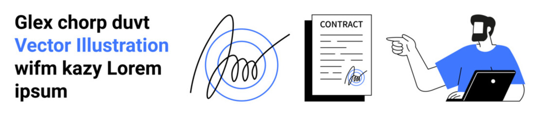 Signed contract with handwritten signature, man gesturing at document, digital tablet. Ideal for business, agreements, legal processes, documentation, digital signing, leadership flat landing page