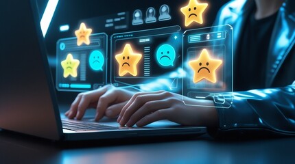 Fototapeta premium A futuristic laptop scene features holographic review icons, glowing star ratings, and interactive digital elements, emphasizing online reputation, customer experience, and digital feedback systems.