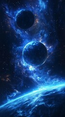 Obraz premium Vibrant blue planet and moon in a dark cosmic environment with swirling clouds of gas and stars in the background