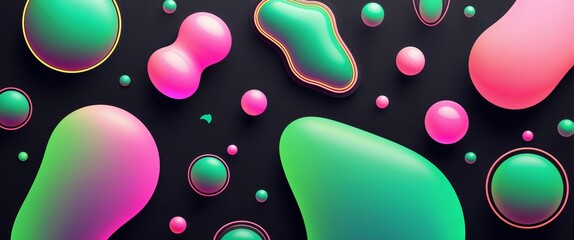green pink gradient glowing blobs shapes edges neon patterns on plain black background illustration design concept backdrop