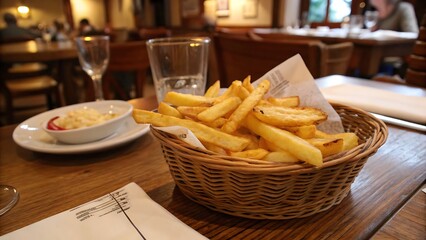 A Basket Of Golden-brown, Crispy French Fries, A Perfect Pub Snack, Sits Invitingly On A Rustic Wooden Table In A Warm, Softly Lit Restaurant
