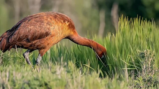 A bird walks through the meadow. The large bird is brown and has a long neck.