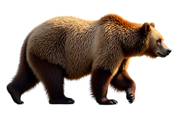 Brown bear profile walking isolated on transparent background. Photorealistic side-view of a strong, fluffy brown bear with detailed fur and black claws in sunlight.