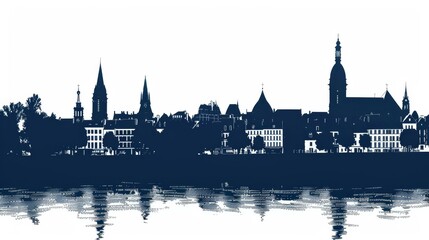 Fototapeta premium Skyline silhouette of historic Metz cityscape reflecting on serene river, France architecture illustration