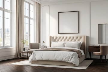 Interior view of a luxuriously furnished bedroom with large windows