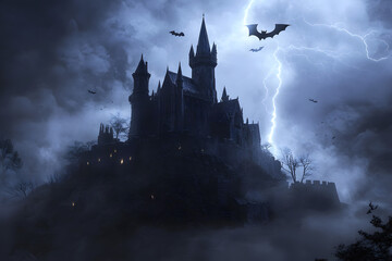 Mysterious Dark Gothic Castle on a Hill Surrounded by Mist