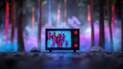 Fototapeta premium Retro TV Screen Pixel Art Forest Neon Lights Digital Art