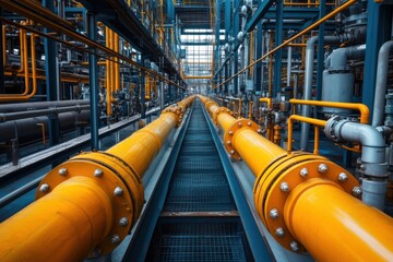 Yellow pipe runs through an industrial facility. Many pipes and structure is seen in the background. Industry pipelines transport material. Factory interior with equipment.