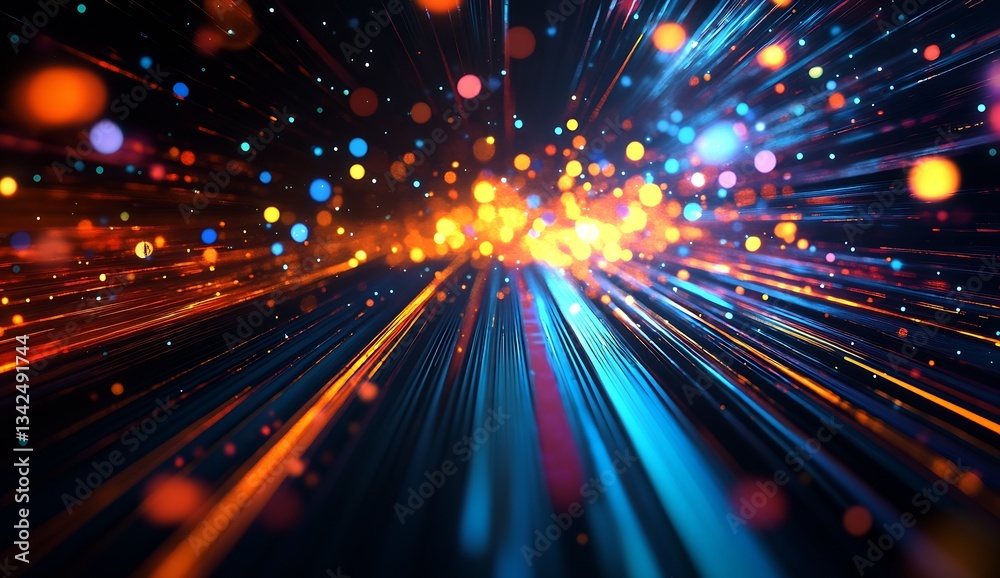 Poster Bright and vivid streaks of light flowing through space creating a mesmerizing display of color and fun : Generative AI