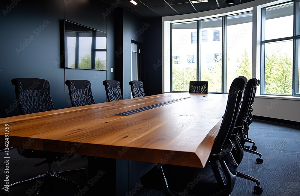 Poster contemporary meeting room featuring a unique wooden table and large windows with scenic views : gene