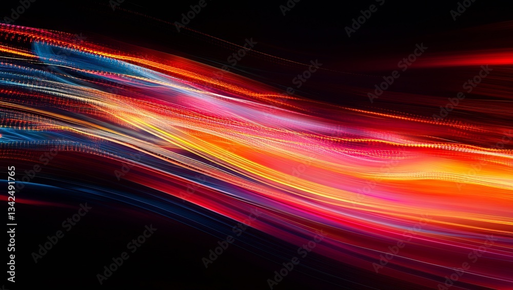 Aufkleber Blazing Light Streaks Amidst Colorful Waves for an Energetic Artistic Display : Generative AI