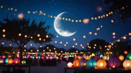 Magical Ramadan Night with Lanterns and Crescent Moon