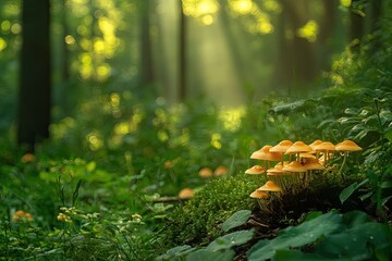 Obraz premium Forest floor mushrooms bathed in morning sunlight