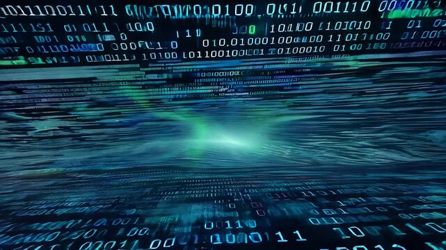 Abstract digital data flow with binary code patterns.