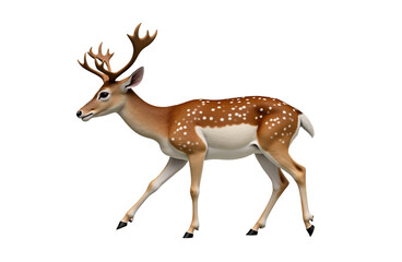 Obraz premium Deer buck walking side view isolated on white background. Photorealistic fallow deer with fur texture, studio lighting. Perfect for wildlife, nature, and seasonal designs.