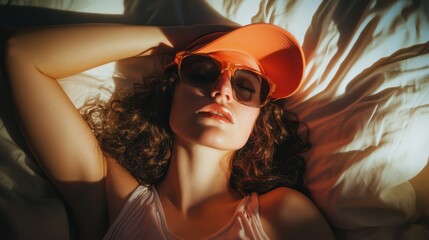 Naklejka premium Person lying down on a couch wearing an orange visor and sunglasses