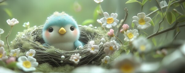 Animated wallpaper of a cute baby bird waiting eagerly for its mother in a cozy, warm nest, surrounded by soft, peaceful nature