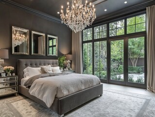 A modern bedroom with elegant furniture and scenic backyard view
