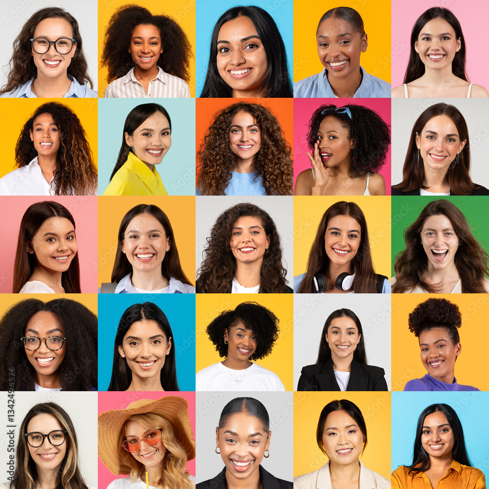 Poster a vibrant collage featuring a group of diverse individuals, each smiling brightly. the set reflects 