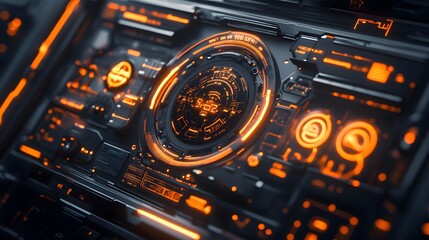 Obraz premium Glowing Orange and Black Futuristic Tech Interface