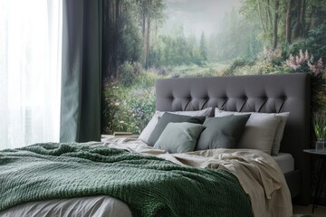 A cozy bedroom featuring a decorative forest wall mural scene
