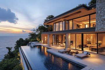 Obraz premium Luxury villa with infinity pool overlooking ocean at sunset (1)